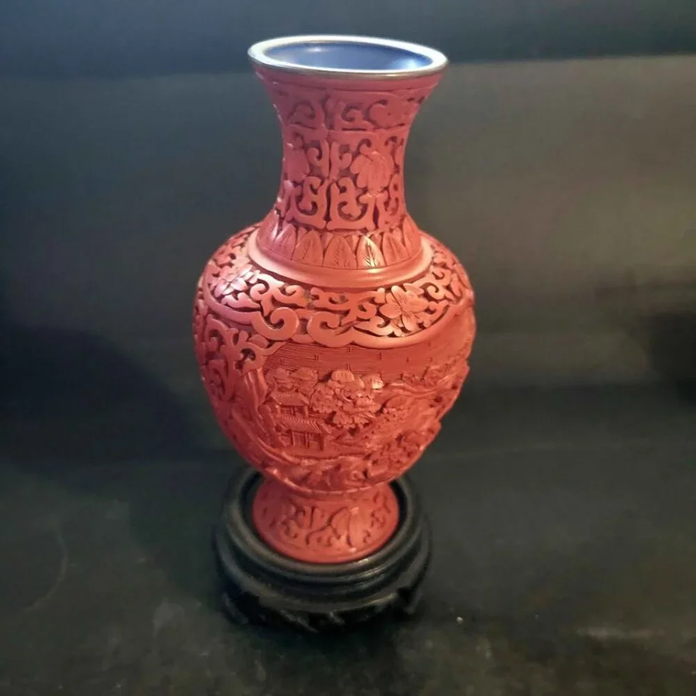 Vintage Chinese Carved Cinnabar Lacquer Vase Dating To The Mid-20th Century